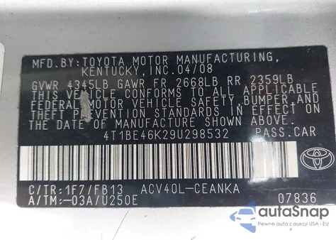 2009 Toyota Camry Le from USA, damaged, VIN 4T1BE46K29U298532